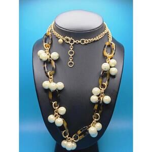 J.Crew Faux Pearl Tortoise Shell Link Statement Necklace Gold Chain 32" Boho Chi